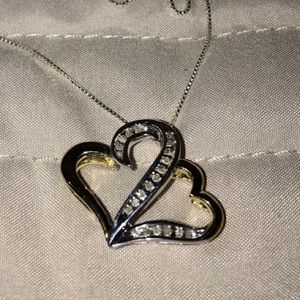 Diamond 2 heart necklace 1/5  CCTW 18 KT gold plated & sterling & sterling chain